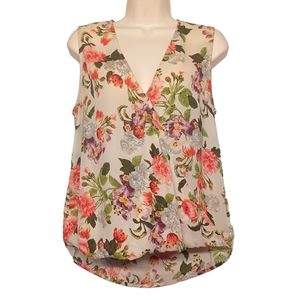 FOREVER 21 Colorful Pink Green Floral Print Sleeveless Cream Tan Top Medium